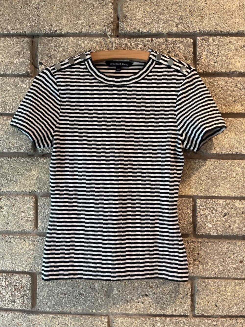 Striped Black & White Veronica Beard Button-Shoulder Crewneck Knit Top XS